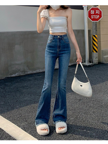 Real shooting of high waist micro flare jeans women's summer thin New Retro Blue SLIM STRAIGHT flare pants long pants