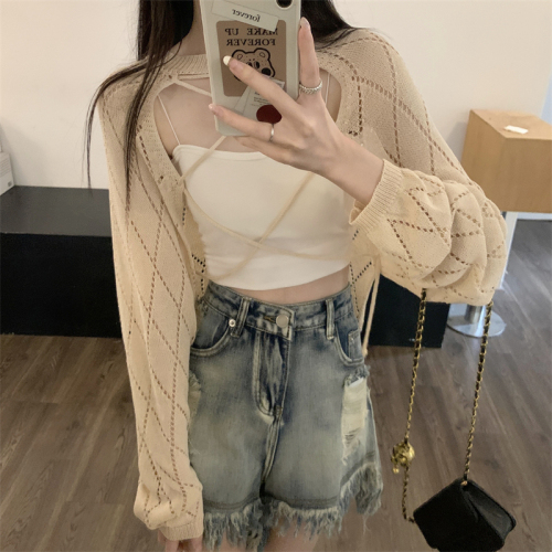 Real shooting and real price summer new hollow out Pullover sunscreen knitted bandage Blouse Top