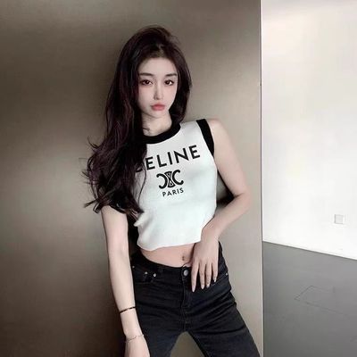 CE home spring / summer 2022 new product Arc de Triomphe letter printing sexy navel revealing thin knitted vest women's thin top