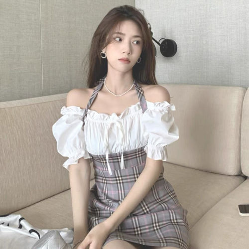 Large fat mm fake two piece neck dress women's summer chic sweet and spicy skirt thin Bubble Sleeve Plaid Skirt