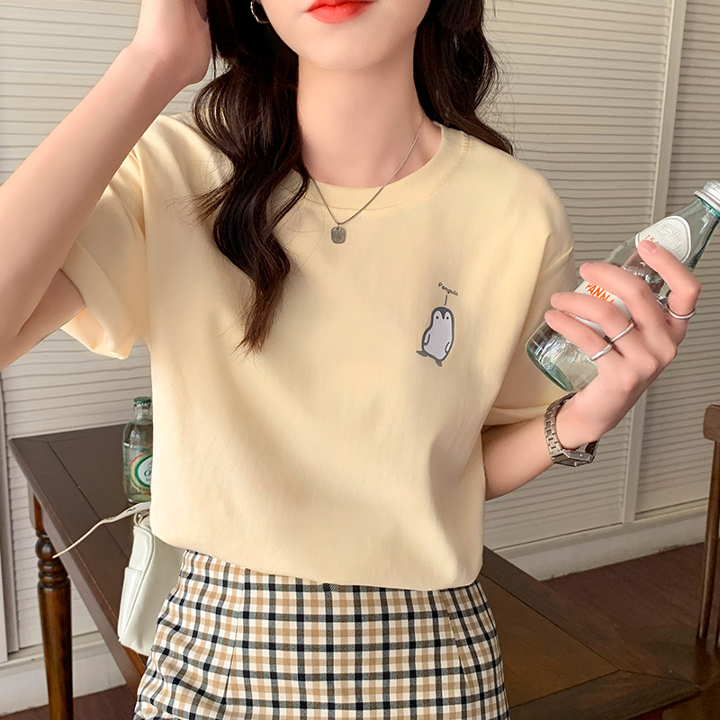 Real auction real price 2022 New Apricot short sleeve T-shirt women's summer loose thin simple printed versatile top