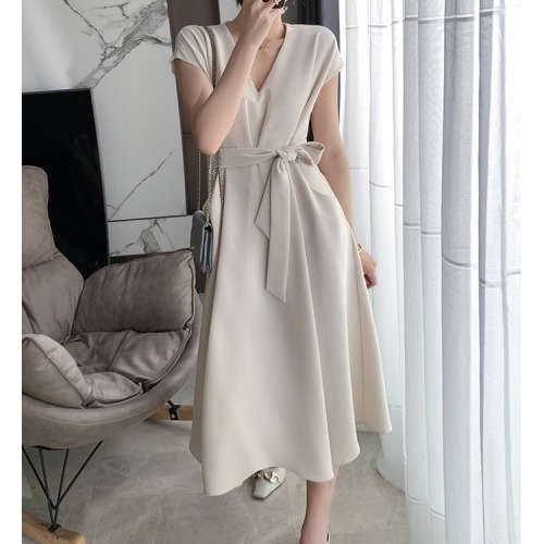 Aunt Cui customized Hepburn pocket skirt French style high waist dress women's spring and summer design white dress