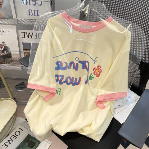 65 cotton official cute contrast letter T-shirt women's summer loose thin top apricot