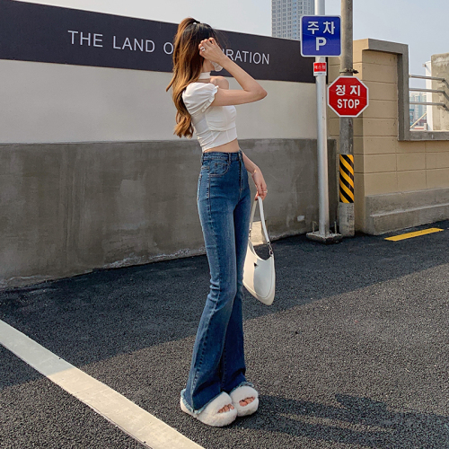 Real shooting of high waist micro flare jeans women's summer thin New Retro Blue SLIM STRAIGHT flare pants long pants