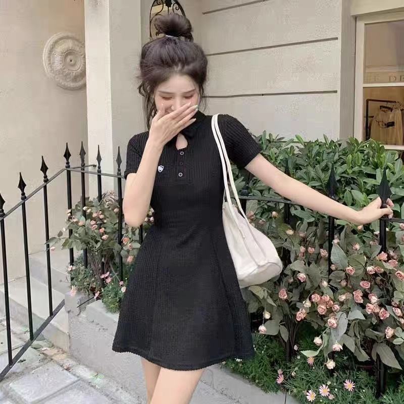Polo neck knitted dress women's new summer 2022 small pure style slim short skirt