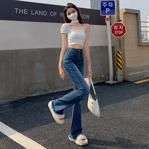 Real shooting of high waist micro flare jeans women's summer thin New Retro Blue SLIM STRAIGHT flare pants long pants