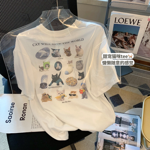 Official figure real price cotton wrap collar design sense cat print short sleeve T-shirt women ins fashion summer 2022