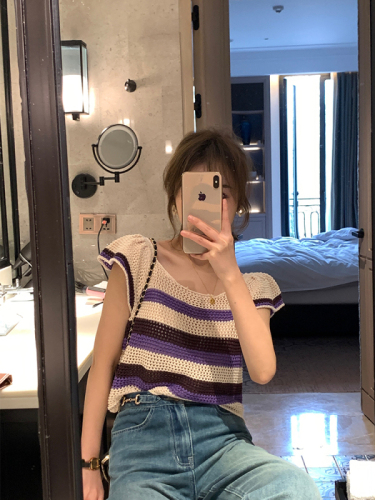 Journey Ju is thin! Purple hollow out Crochet short sleeve top women's high waist short 150 small