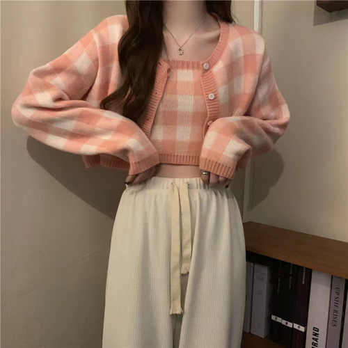 Autumn two piece Jacket Women's short retro French plaid sweater cardigan with suspender vest inside