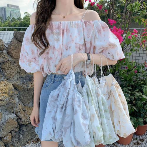 Chiffon shirt women's summer  new short sleeve top women's fragmentary flowers are very immortal age reduction loose off shoulder