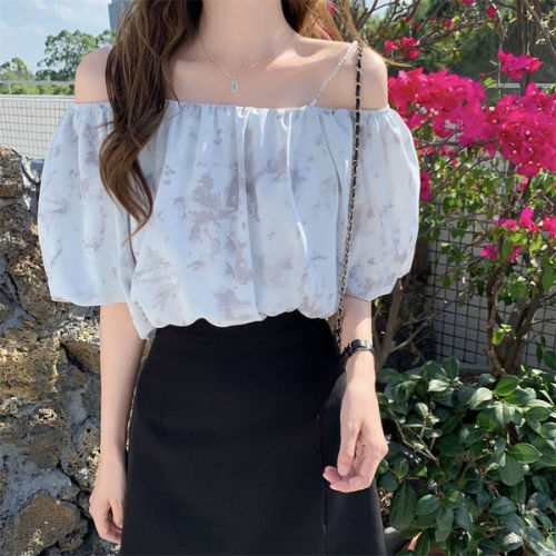 Chiffon shirt women's summer  new short sleeve top women's fragmentary flowers are very immortal age reduction loose off shoulder
