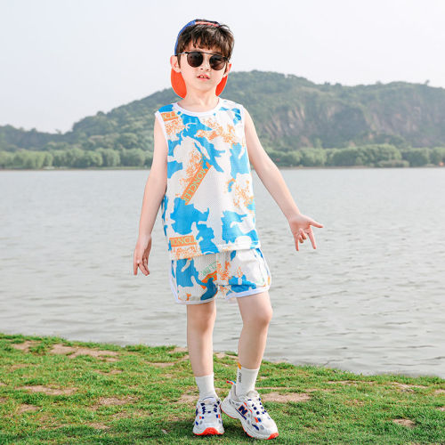 Children's sports suit men's summer wear 7 Baby Short Sleeve T-Shirt middle and small children's wear women's sleeveless ice silk vest quick drying ball suit