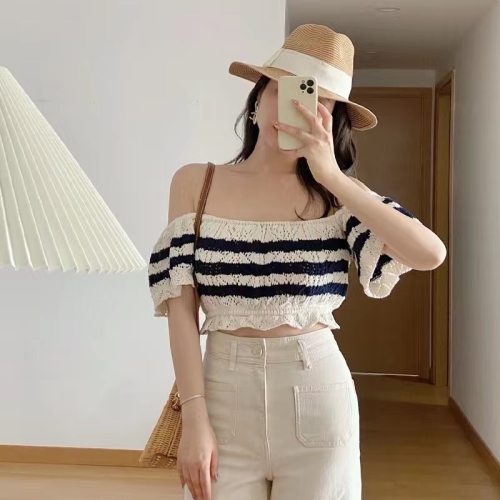 2022 spring new women's hollow out short slim fitting knitted Short Sleeve Striped Top