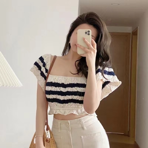 2022 spring new women's hollow out short slim fitting knitted Short Sleeve Striped Top