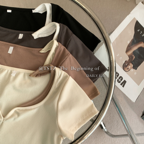 Multi panel contrast short sleeve T-shirt women's summer short open navel design sense niche top ins
