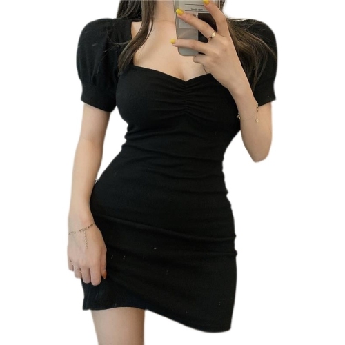 2022 summer retro sexy generous collar Black Slim Slim bag hip bubble short sleeve dress women's short skirt
