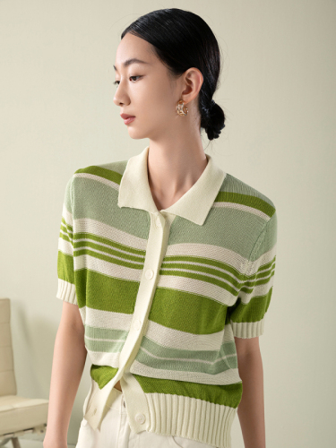 Color contrast stripe polo collar short sleeve knitted cardigan women casual slim Lapel top women
