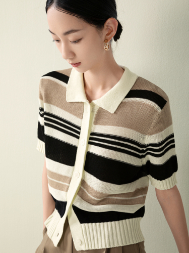 Color contrast stripe polo collar short sleeve knitted cardigan women casual slim Lapel top women