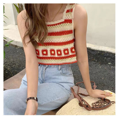 Small suspender women's Bohemian hollow Knitted Blouse short tassel knitted suspender vest national style top