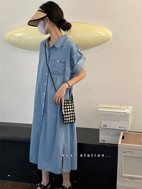 [next station] single breasted lady loose dress 22277\zjy