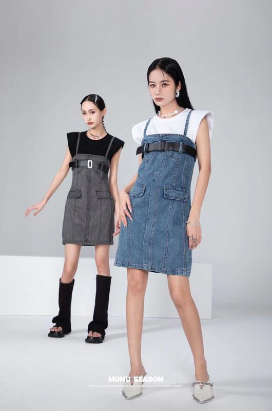 [Mumu session] simple round neck vest + sling slim Dress Set (with belt) 2507\zxl