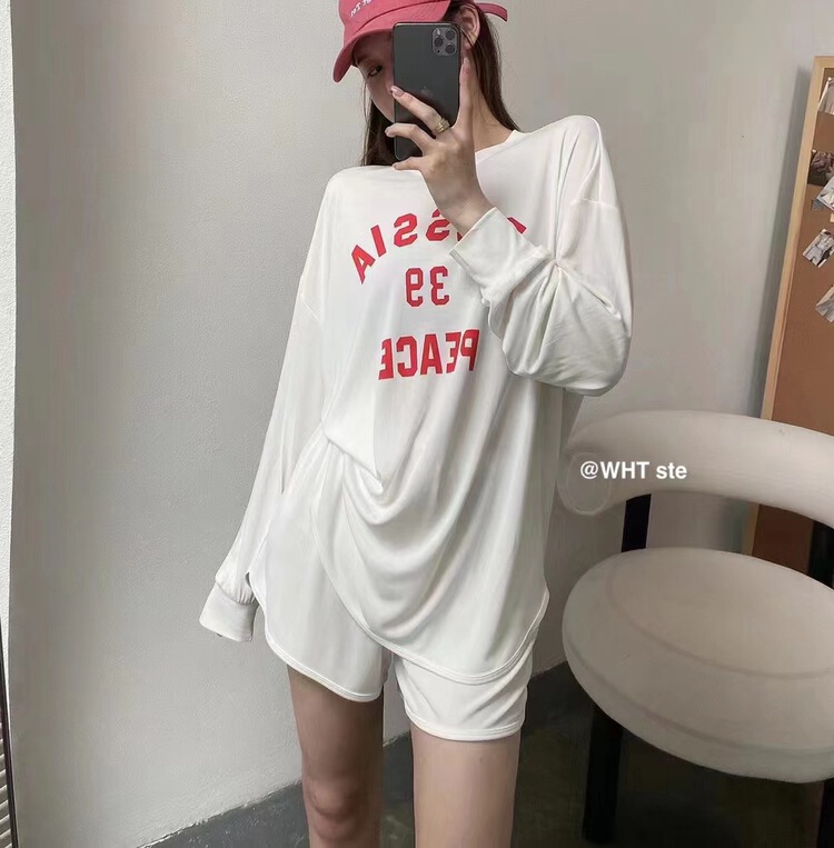 [wht] letter loose sunscreen Top + Elastic Waist Shorts Set ys1-6043\wtt