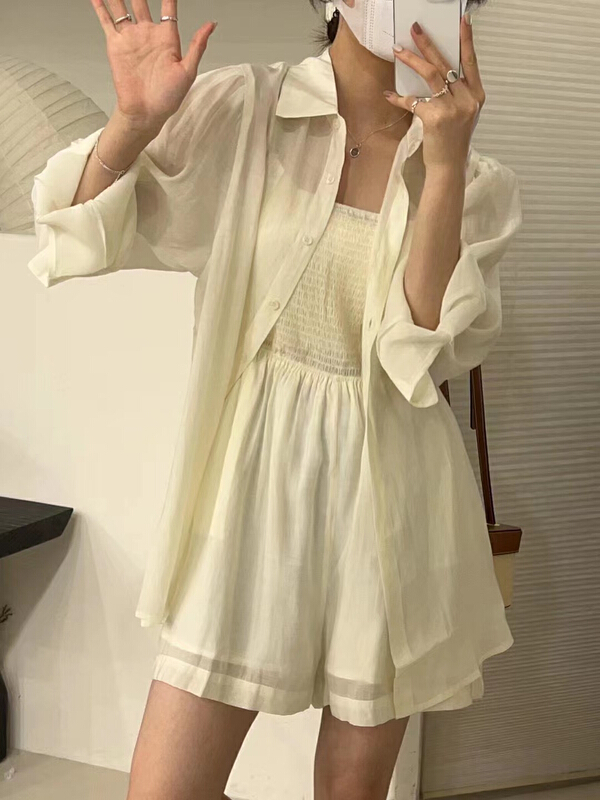 [Zoe Zoe] solid color loose sunscreen shirt + Strapless Strapless Jumpsuit two-piece suit c1182\zjy