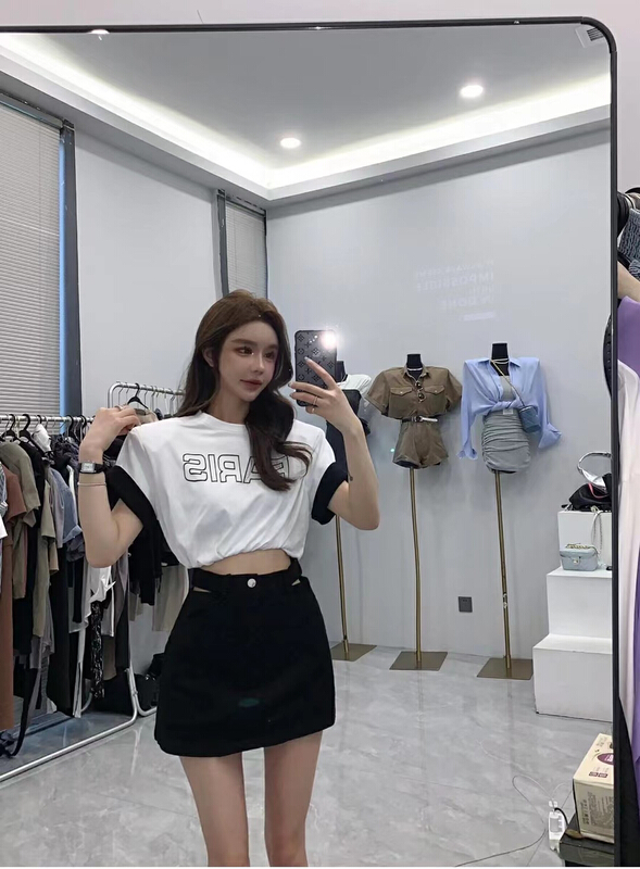 [model] fashion port style leisure hollow out bandage letter short sleeve T-shirt 5895\jj