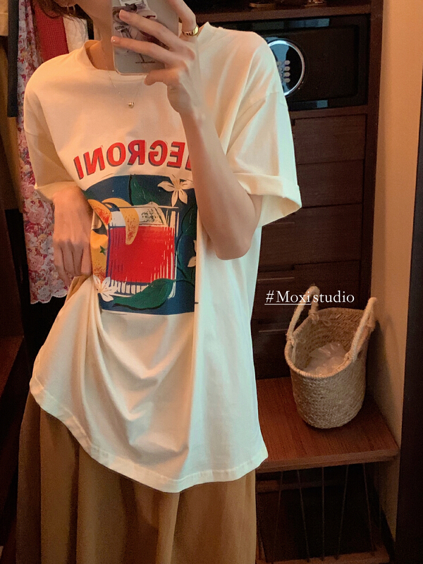 [Moxi] graphic print loose short sleeve T-shirt 1913\xj