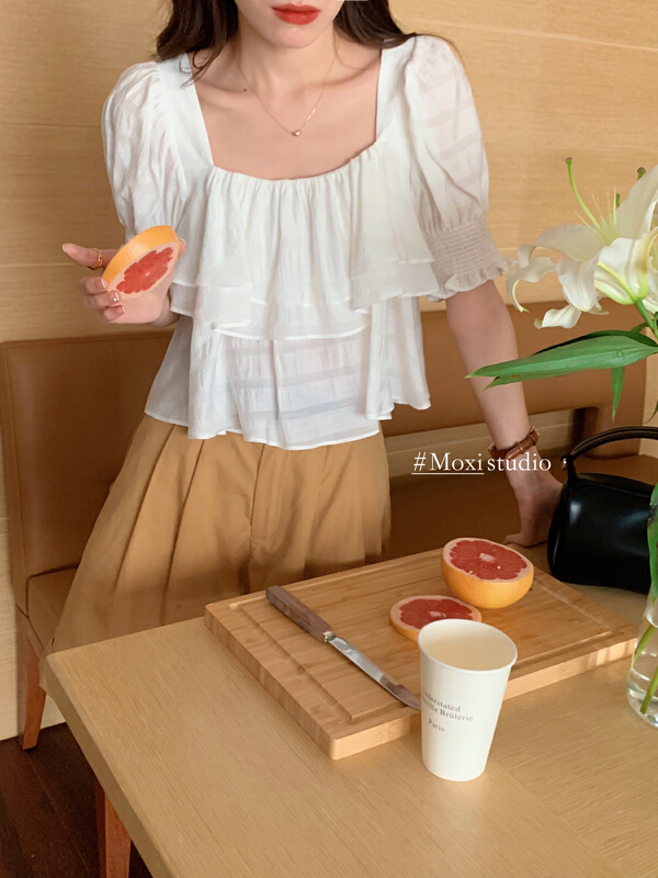 [Moxi] Korean simple lace Square Neck Shirt 56573 × XJ