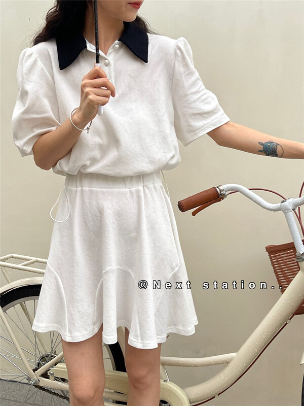 [next station] casual bubble sleeve color blocked polo shirt + high waist A-line skirt set 22305\zjy