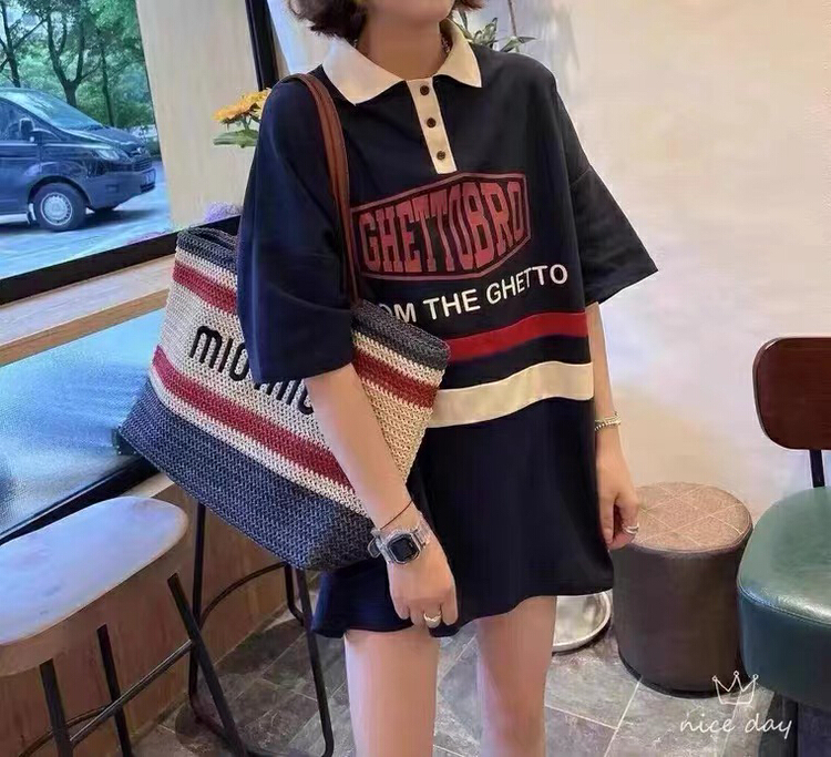 [miss Xixi] retro polo collar college style letter print contrast short sleeve T-shirt 8188\l