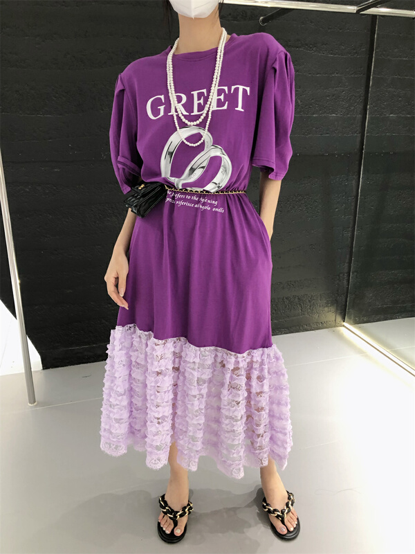 [rich rich] letter printed bubble sleeve patchwork design dress 77832\hyy