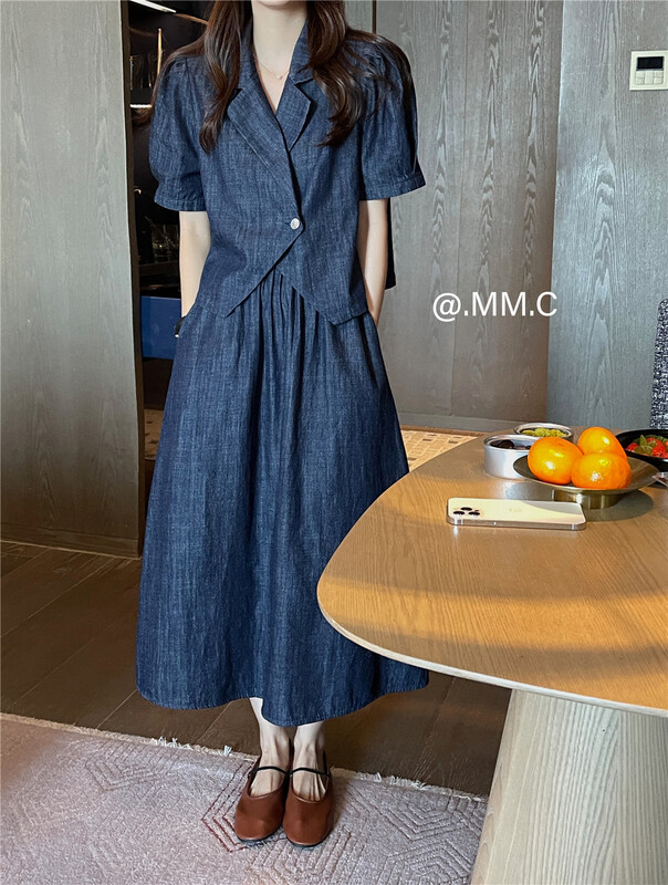 [mm.c] thin bubble sleeve one button blouse + high waist denim skirt set 85627\xj