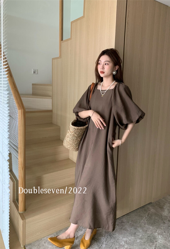 [double seven] square neck bubble sleeve temperament dress 29005\zxx