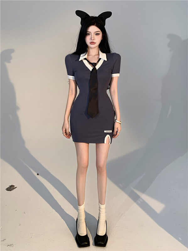[Doudou family] pure desire polo collar color matching waist bag hip slim dress (with tie) 88417\jj