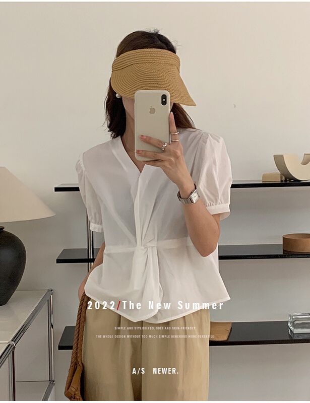 [the mind] ins Korean style V-neck designer solid color shirt 60598\jhy