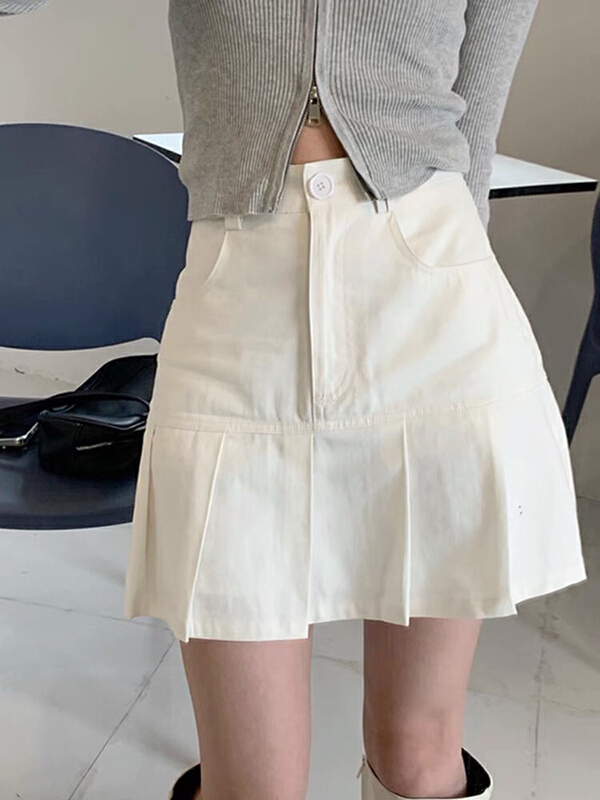[going] versatile patchwork pleated denim skirt 9599\hyy