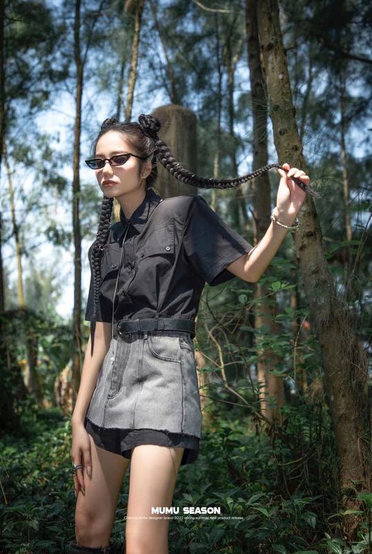 [Mumu session] simple breasted shirt + slim and versatile skirt and Pants Set (with belt) 2369\zxl