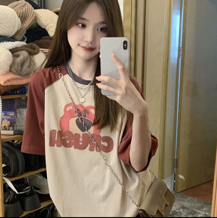 [miss Xixi] strawberry bear print color matching round neck short sleeve T-shirt 8180\l