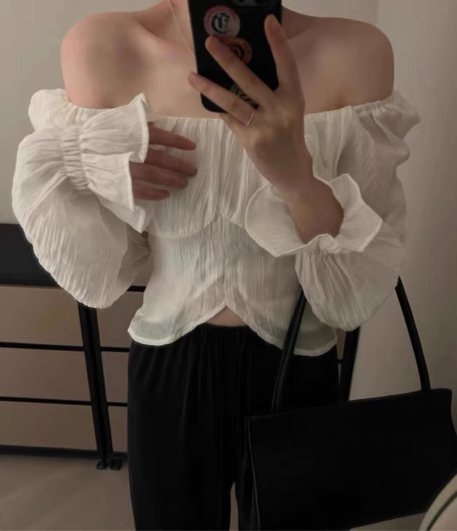[wht] sheer off shoulder pleated design shirt 5142\wtt