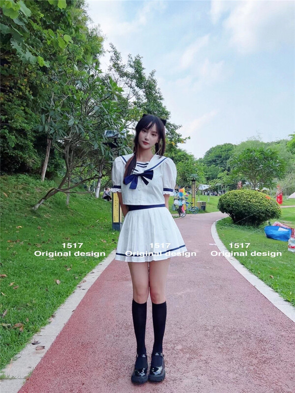 [1517] college Navy collar shirt + pleated short skirt suit 7262\zjy
