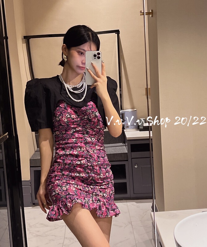 [v.v] short blouse + sling pleated floral dress suit (suit only) 7255\zxx