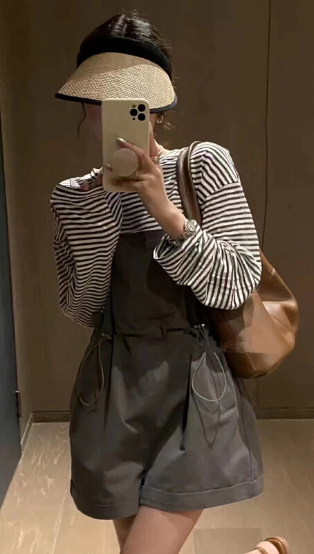 【 vast charm 】 Korean striped sunscreen shirt + drawstring age reduction casual suspender suit 6808\cls