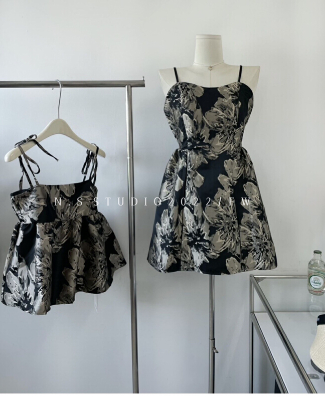 [N.S] Vintage Print puffy suspender dress 8133\wpl