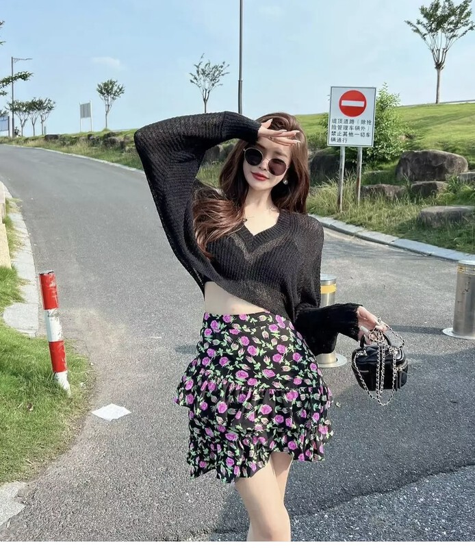 [Aimee] temperament versatile slim floral irregular skirt 9198\ozq