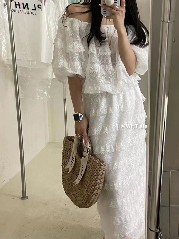 [wht] simple blouse + mid length skirt two piece set 6026\wtt