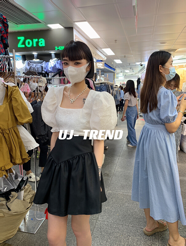 [ujtrend] square neck bubble sleeve jacquard short shirt 933\wtt