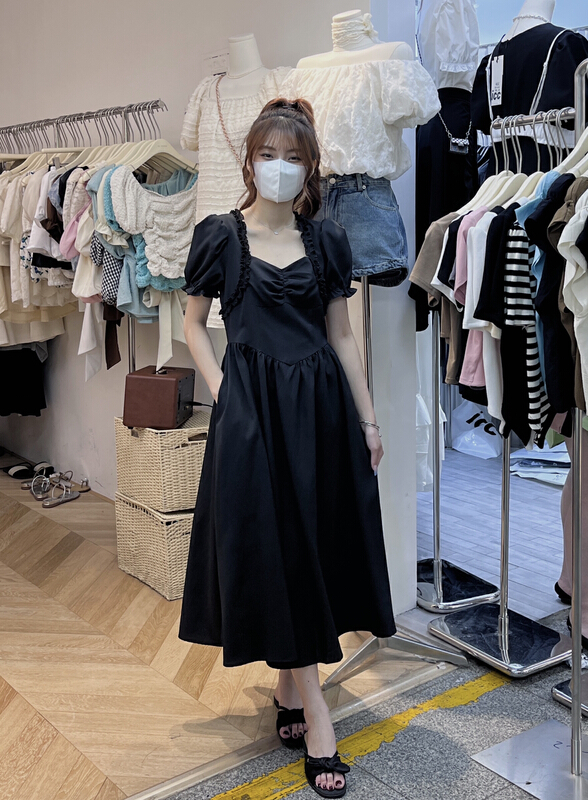 [as] Korean style wood ear side bubble sleeve waist dress 9001\hjy