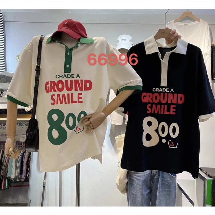 [muzijia] polo collar contrast letter printed short sleeve T-shirt 66996\xyy